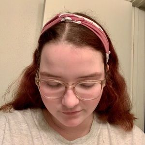 Pink Floral Knit Headband with Buttons